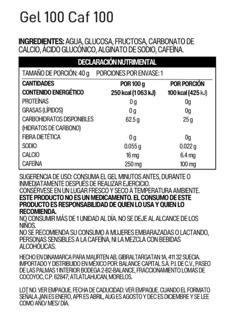 Maurten Gel 100 CAF 100 — tabla nutrimental e ingredientes