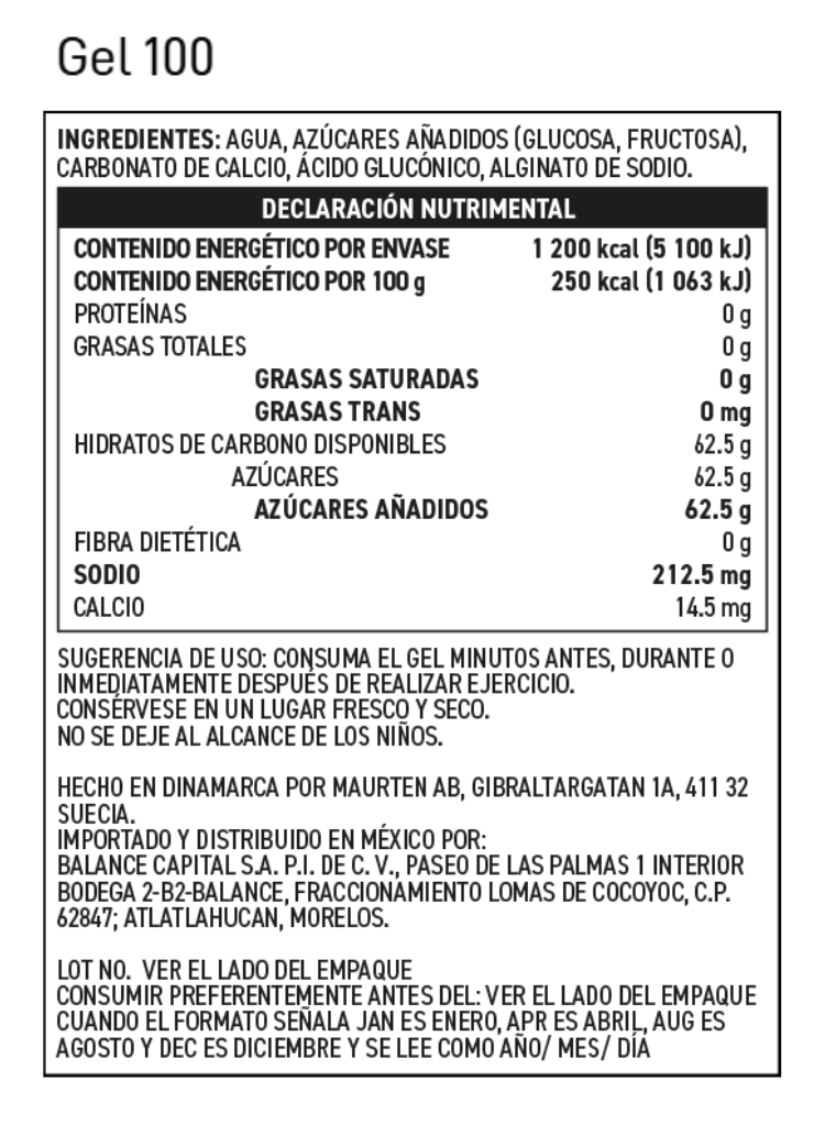Maurten Gel 100 — tabla nutrimental e ingredientes