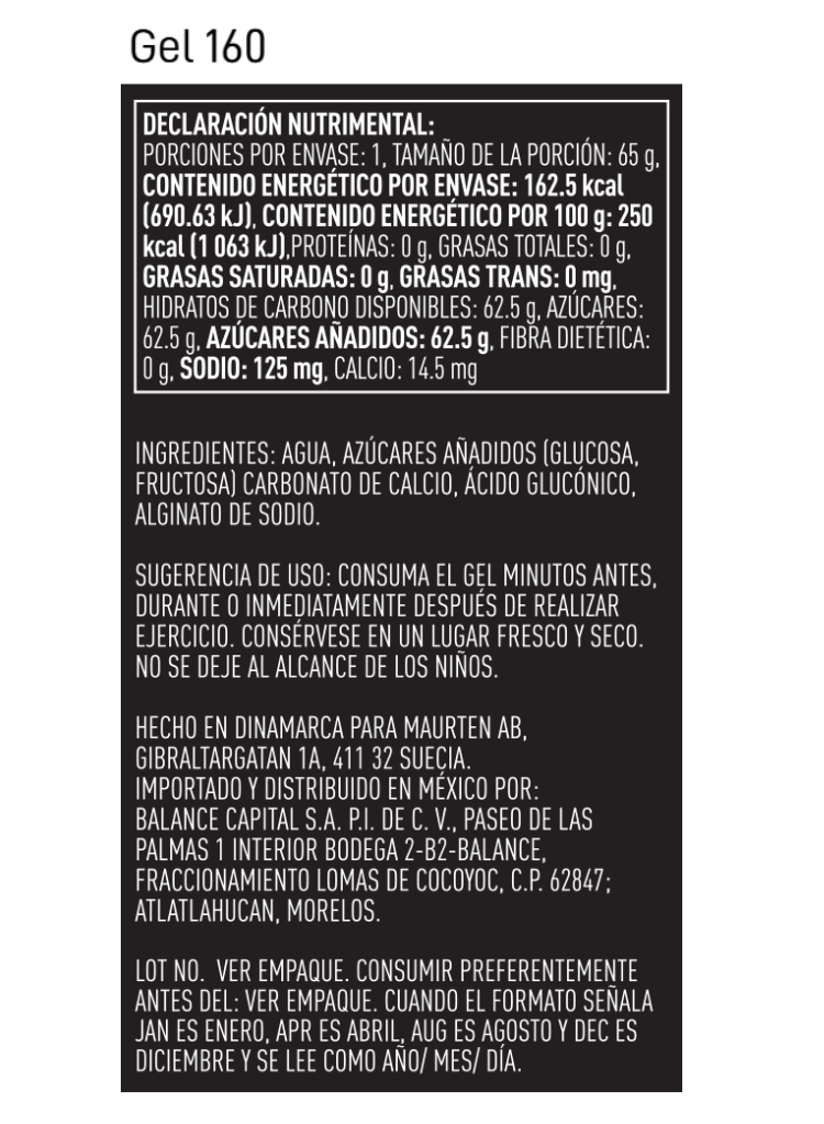 Maurten Gel 160 — tabla nutrimental e ingredientes